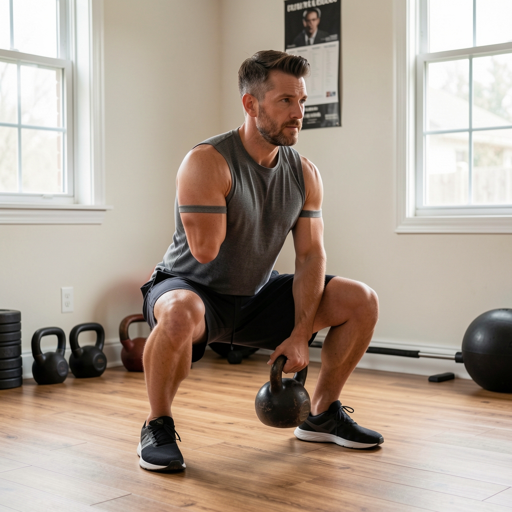 Man performing a controlled kettlebell squat in a small home gym with natural light and wooden flooring