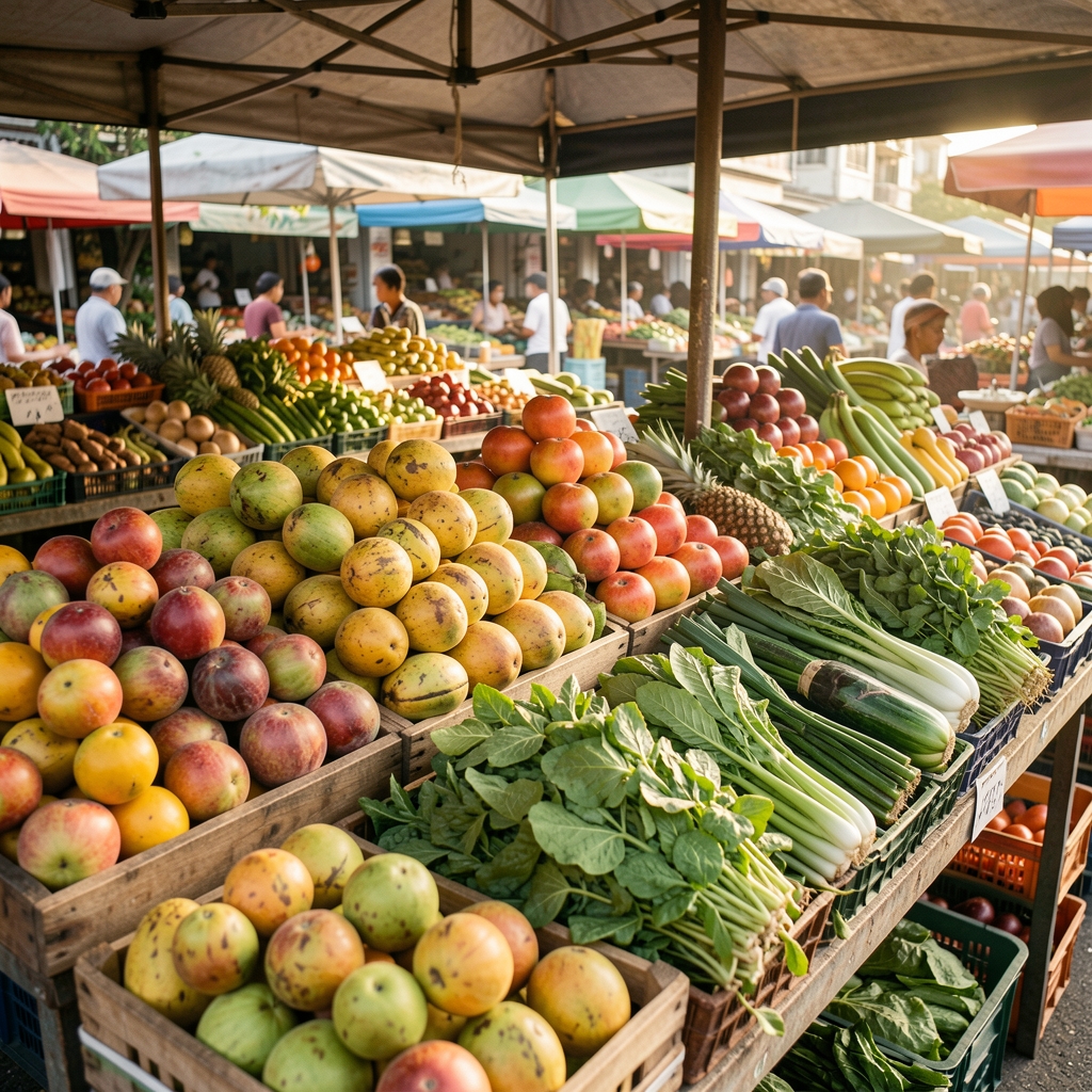 Traditional Jakarta fresh produce market stall with piles of tropical fruit and leafy greens in morning daylight