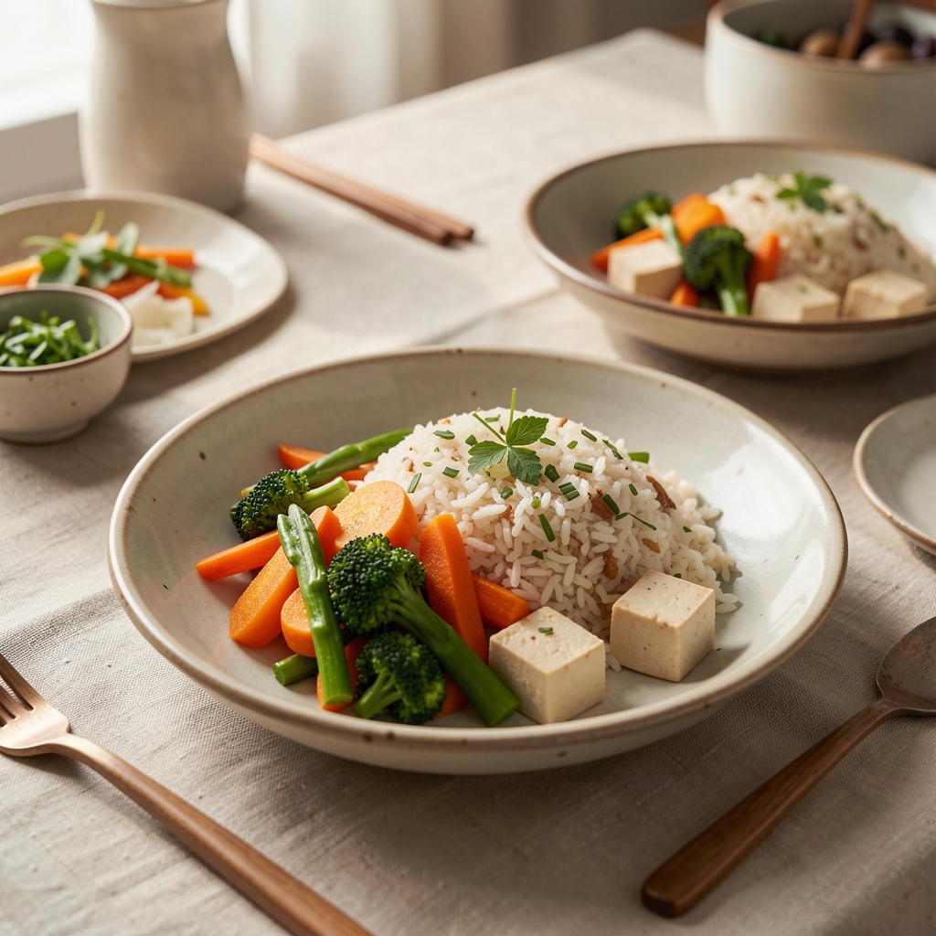 Colourful Indonesian lunch with vegetables rice tofu and herbs arranged on a ceramic tableware setting