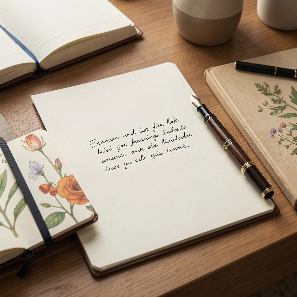 Handwritten editorial letter beside a fountain pen and botanical notebook on a calm desk