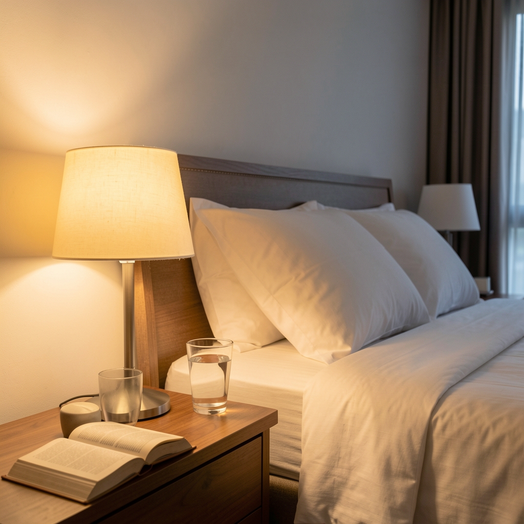 Warm bedside lamp illuminating a book and glass of water in a quiet Jakarta bedroom