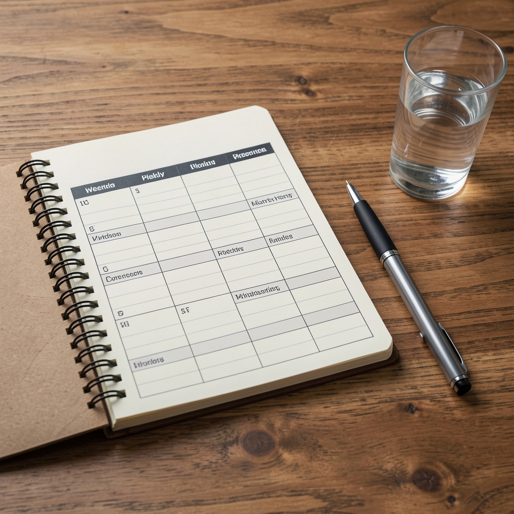 Notebook with a weekly health planning grid beside a pen and glass of water on a wooden desk