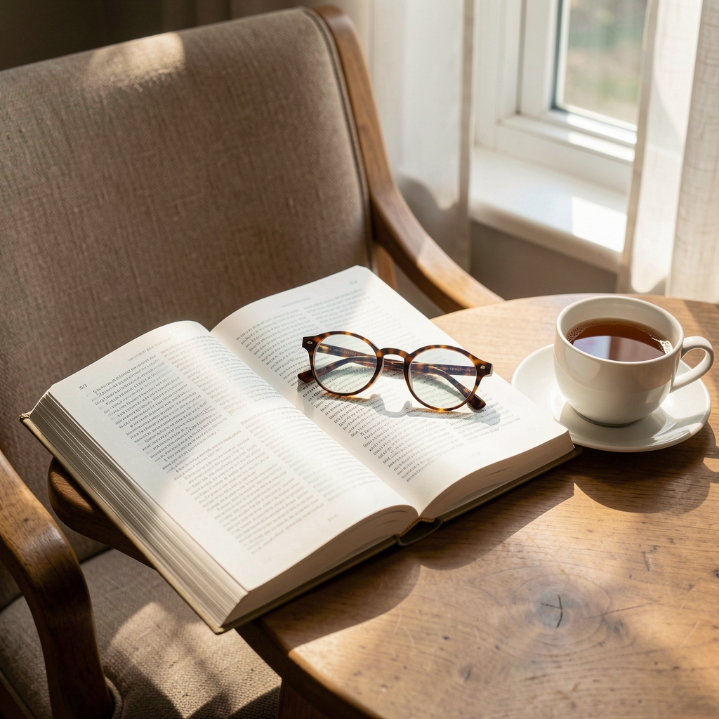 Open literary health journal with reading glasses and tea beside a sunlit chair
