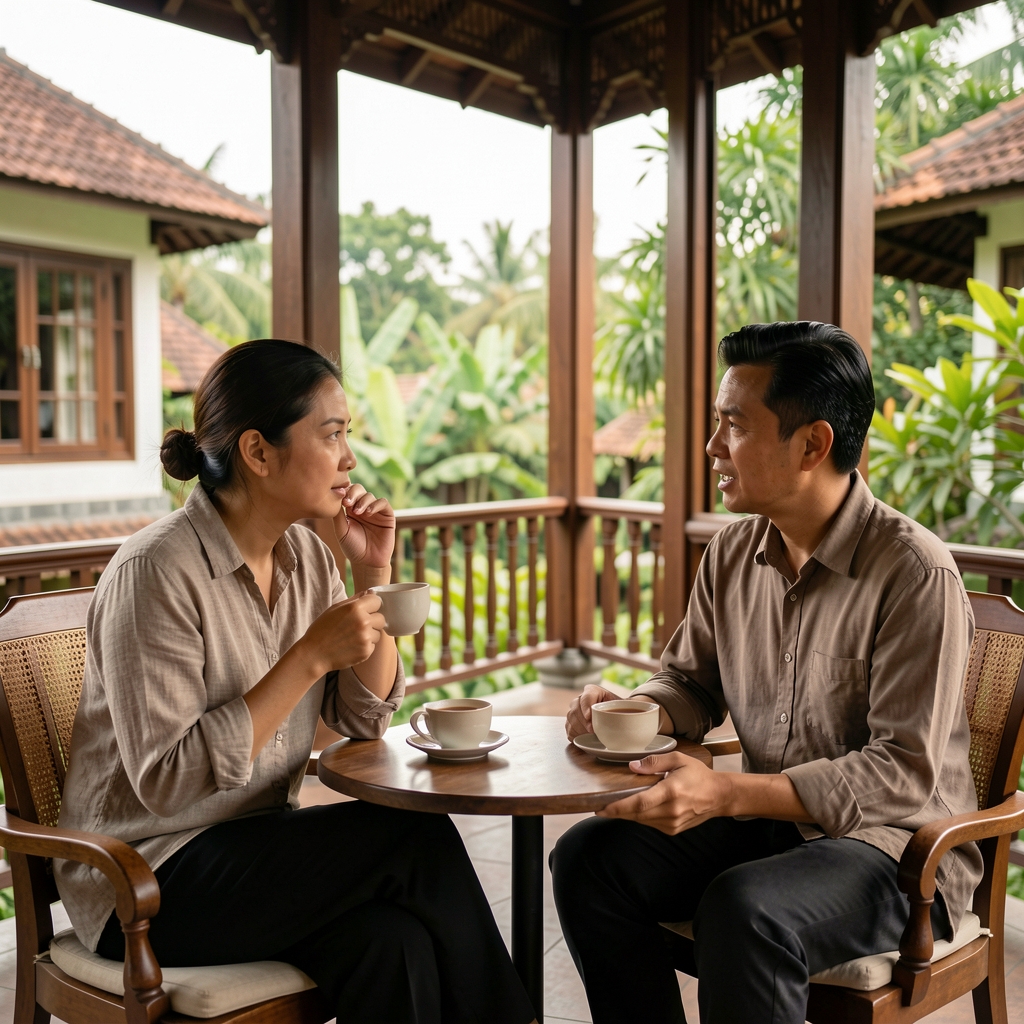 Two adults sitting on a veranda in Jakarta with tea, one listening attentively while the other speaks
