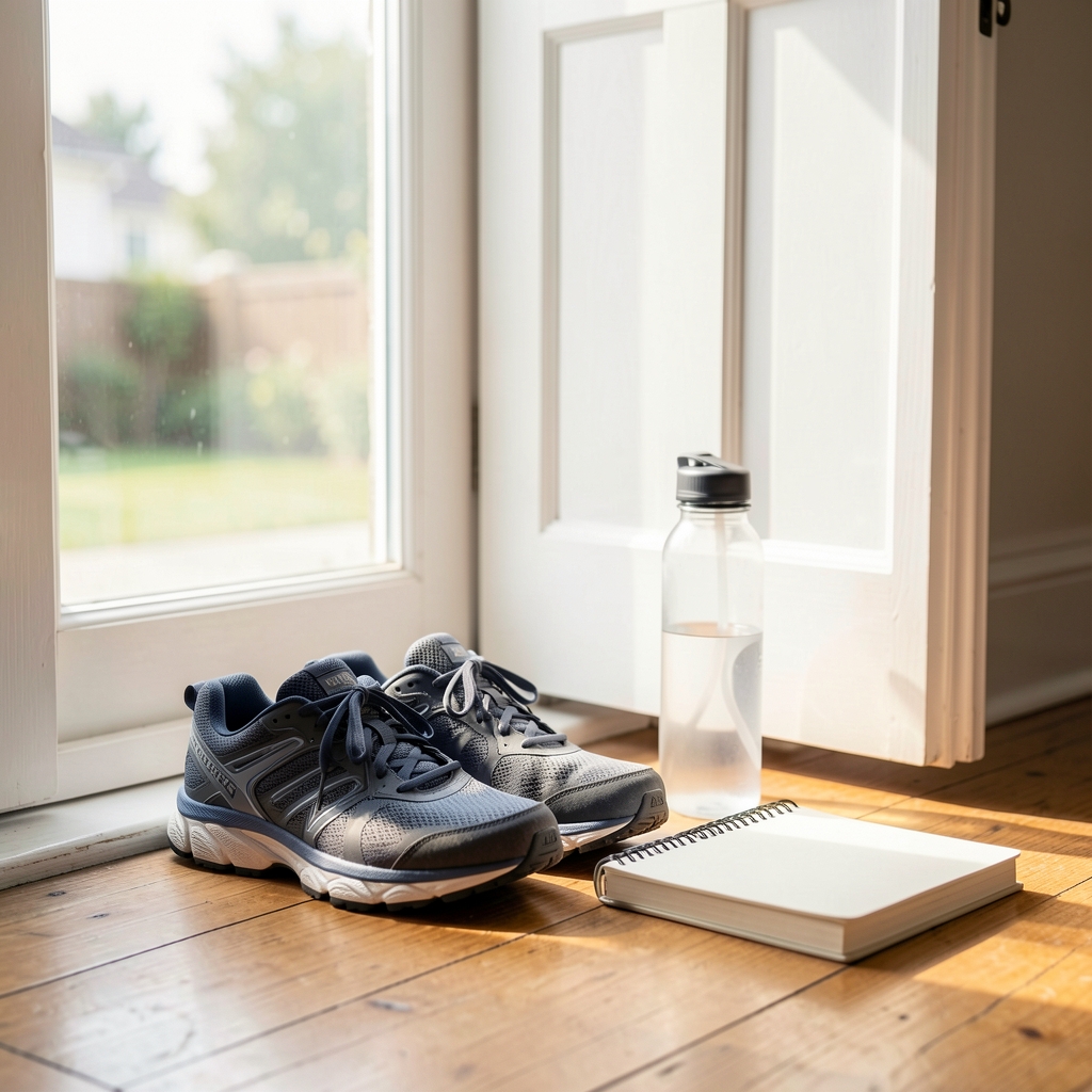 Simple morning routine scene with walking shoes water bottle and notebook by a bright doorway