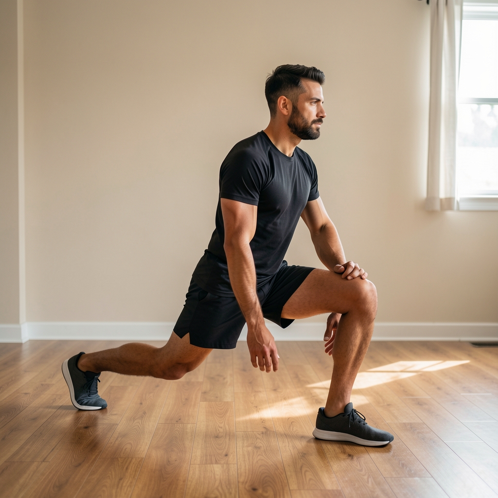Adult man practicing a controlled lunge in a simple home movement room with wooden floor