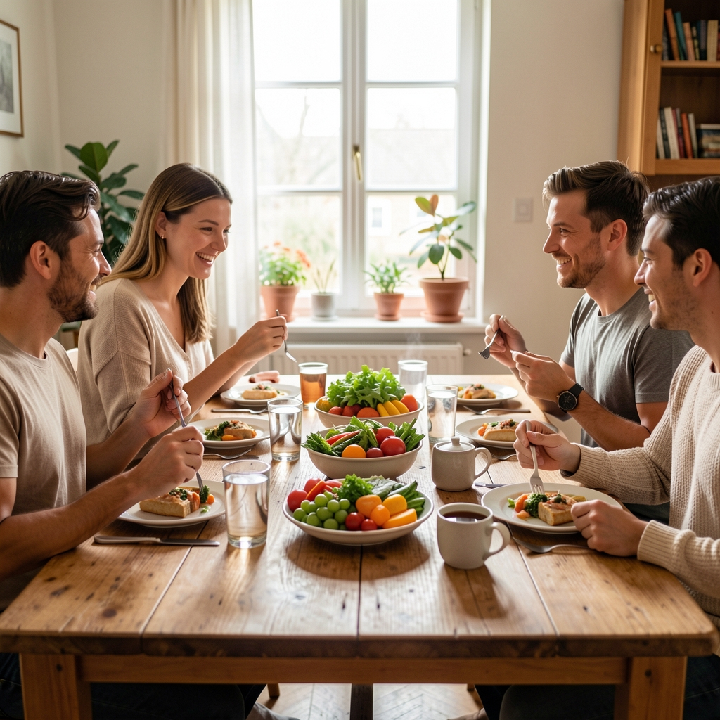 Friends sharing a relaxed home meal around a wooden table with vegetables and tea
